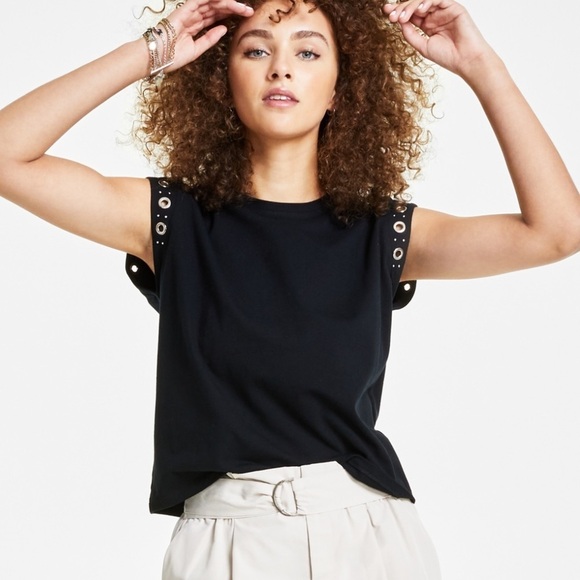 Bar III
Petite Crewneck Grommet-Trim-Sleeve Top, - Picture 1 of 4